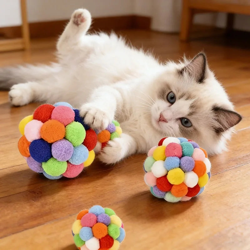 A fluffy white kitten is lying on a wooden floor next to colorful, textured cat toy balls.