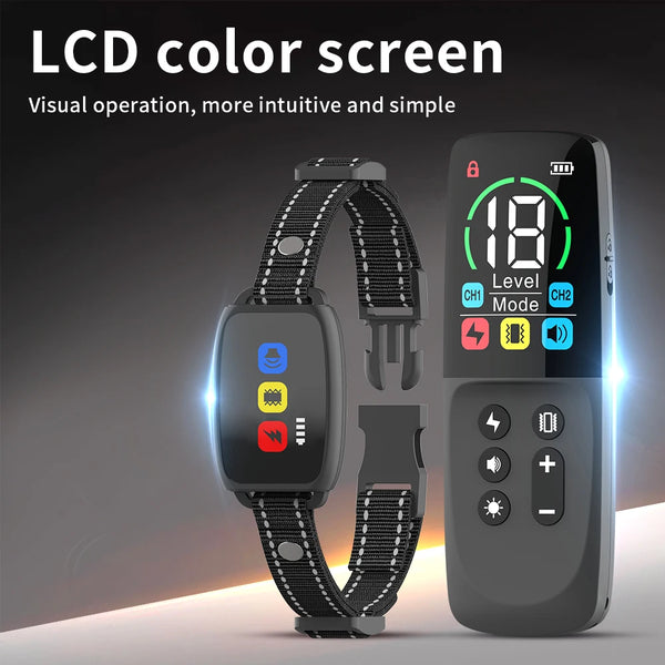 A black rechargeable dog training collar and its remote control are shown against a dark background.