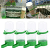 A set of four clip-on plastic feeders and waterers in green and clear for small birds