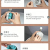 A four-step guide showing how to use an integrated pet waste scoop and cleaner for disposal.