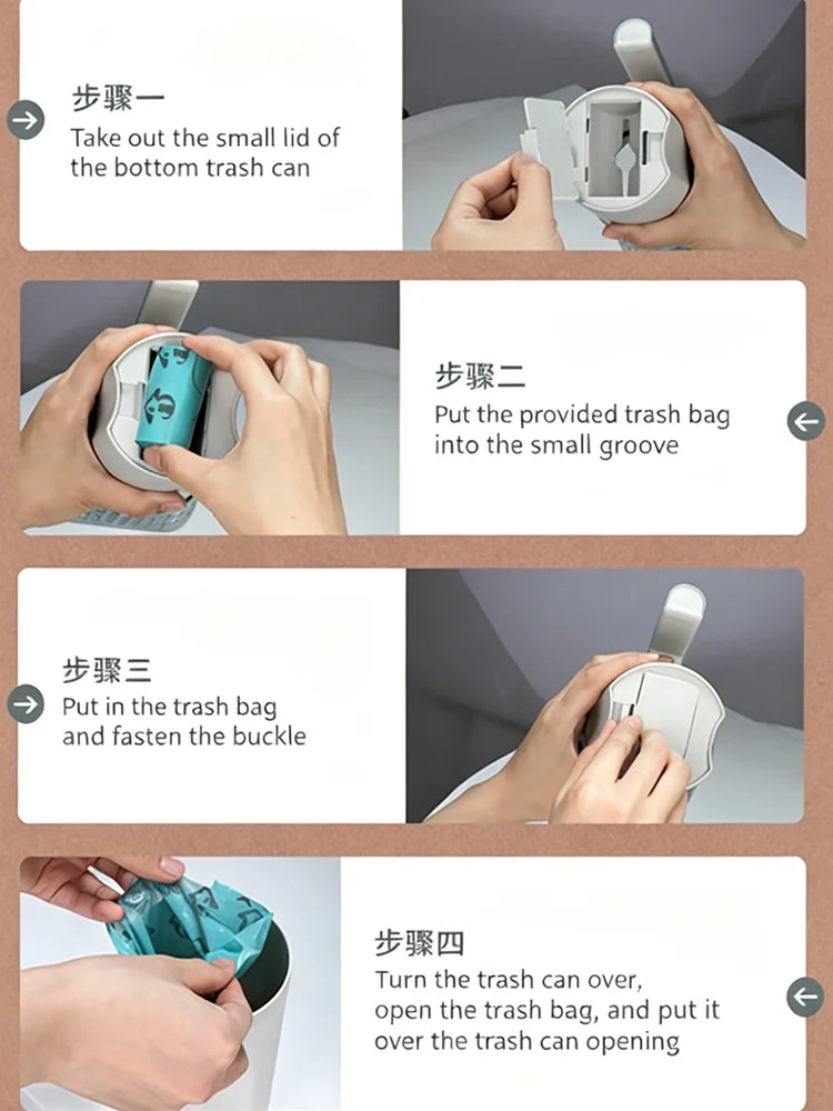 A four-step guide showing how to use an integrated pet waste scoop and cleaner for disposal.