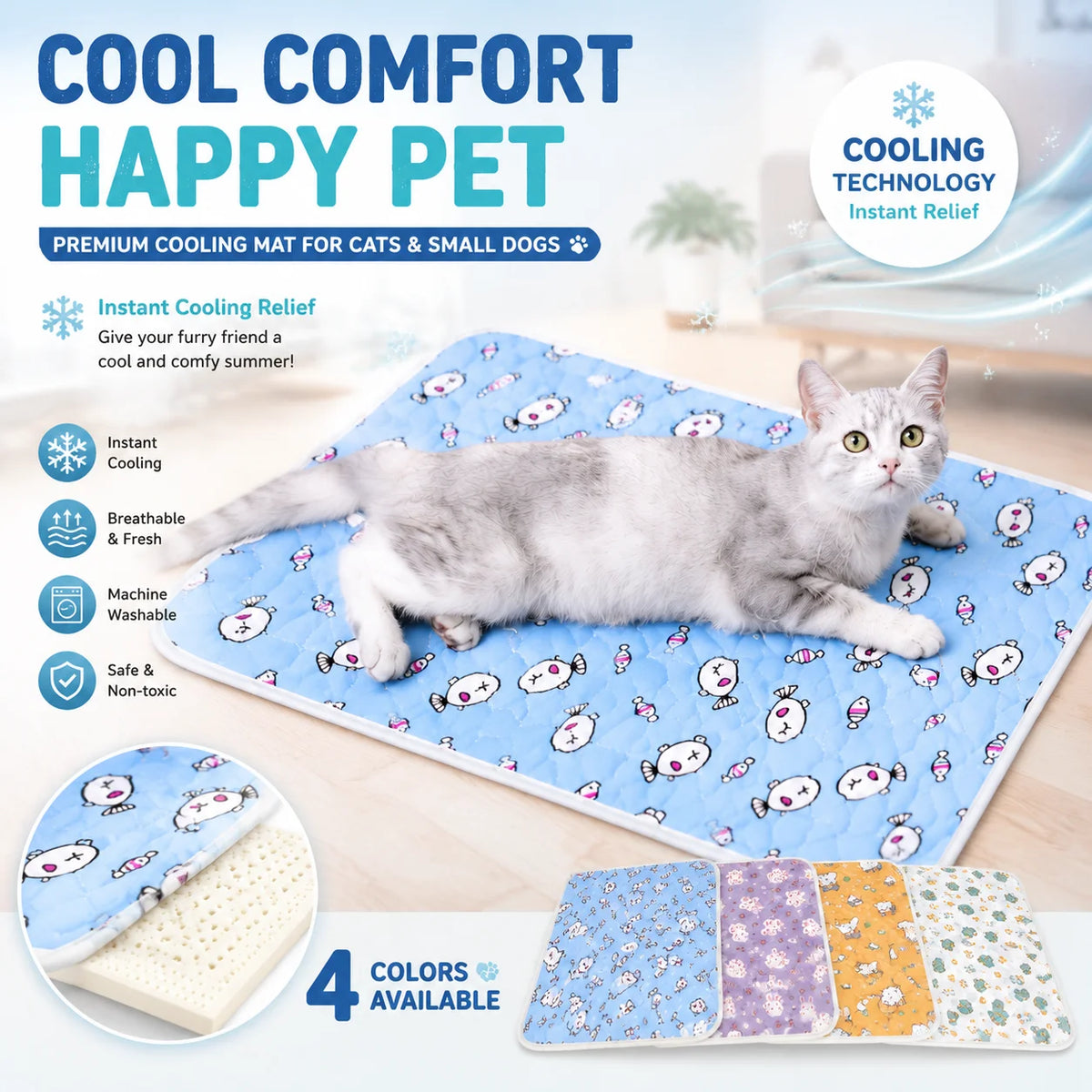 A gray cat is lying on a blue pet cooling mat with various patterns, demonstrating instant cooling relief.