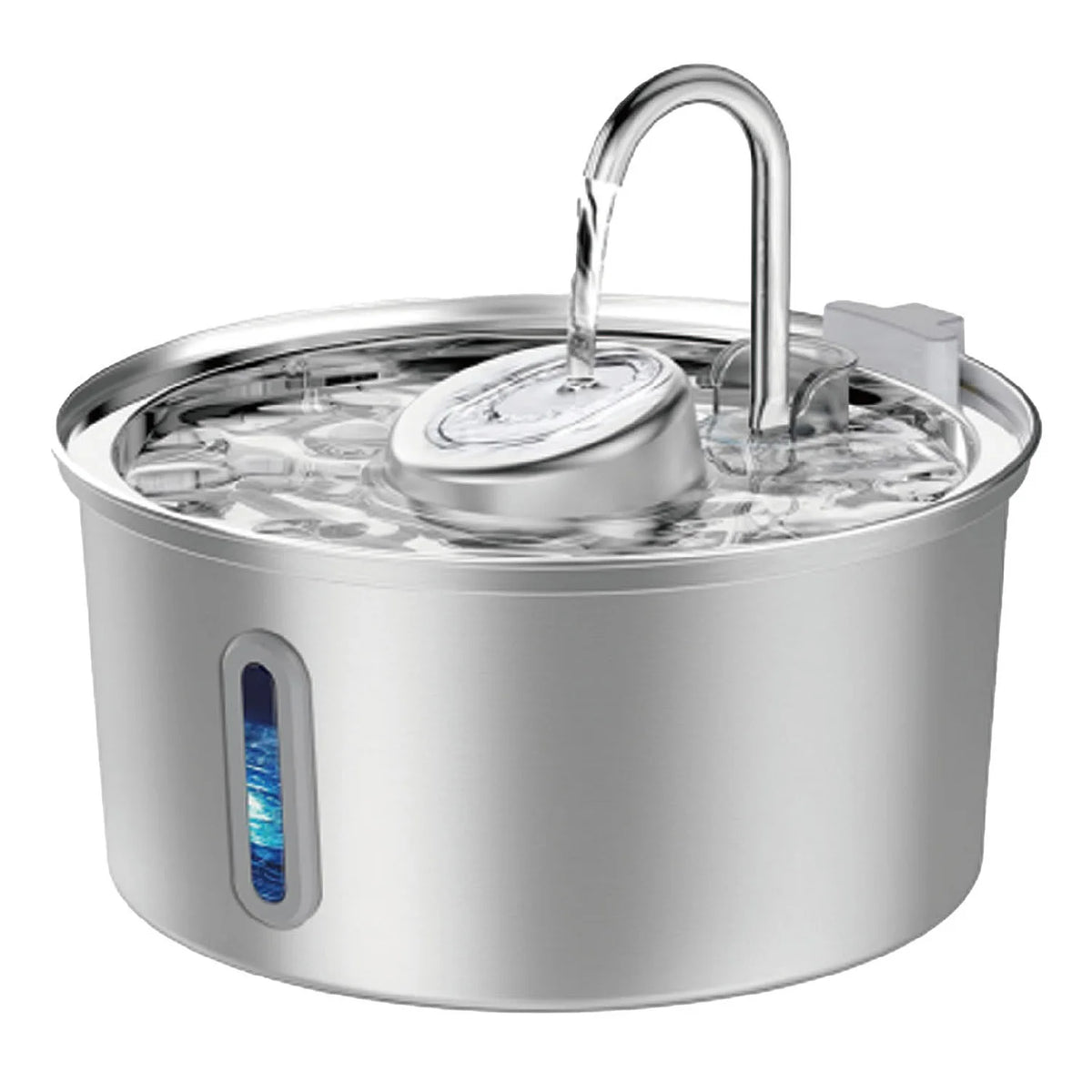 A stainless steel pet water fountain with a visible water level window and a metal spout pouring water.