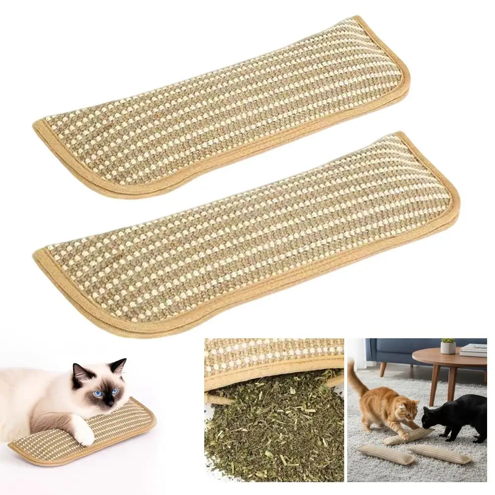 Two rectangular plush catnip toys are shown alongside a cat and loose catnip for relaxation and play.