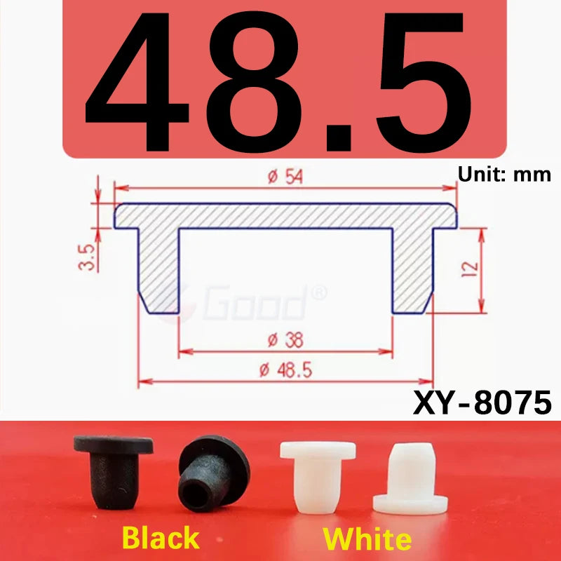 Black and white silicone rubber hole plugs shown next to a measurement scale.