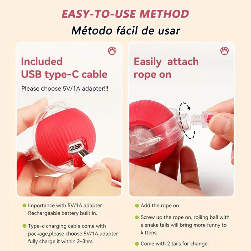 A red self-moving cat toy ball with an attached USB type-C cable and rope being shown for easy use.