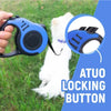 A hand holds a blue automatic locking button leash attached to a white dog in a grassy outdoor setting.