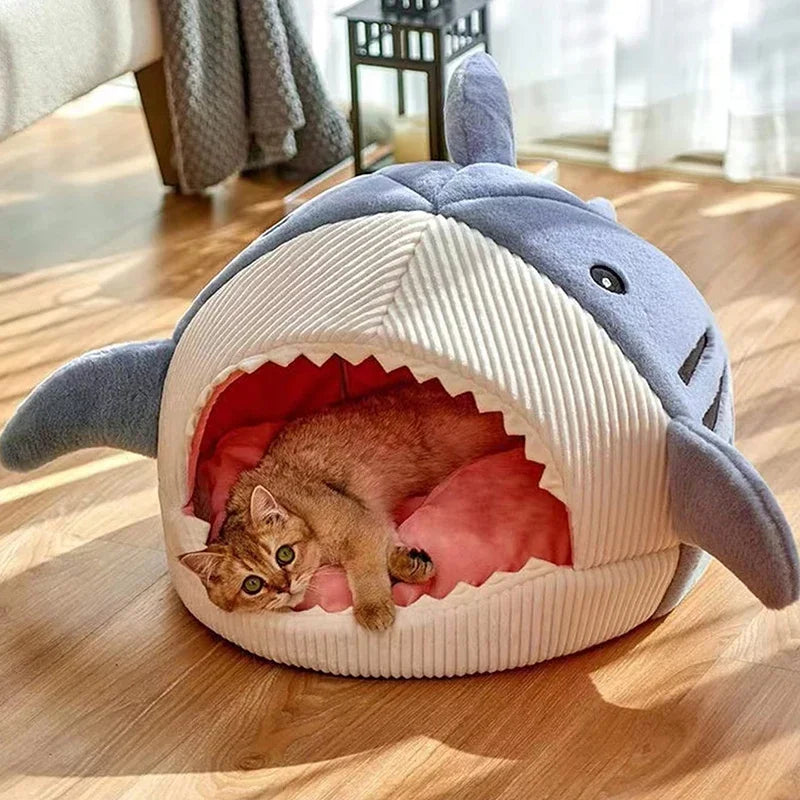 Cartoon Shark Pet Cave Bed for Cats and Small Dogs