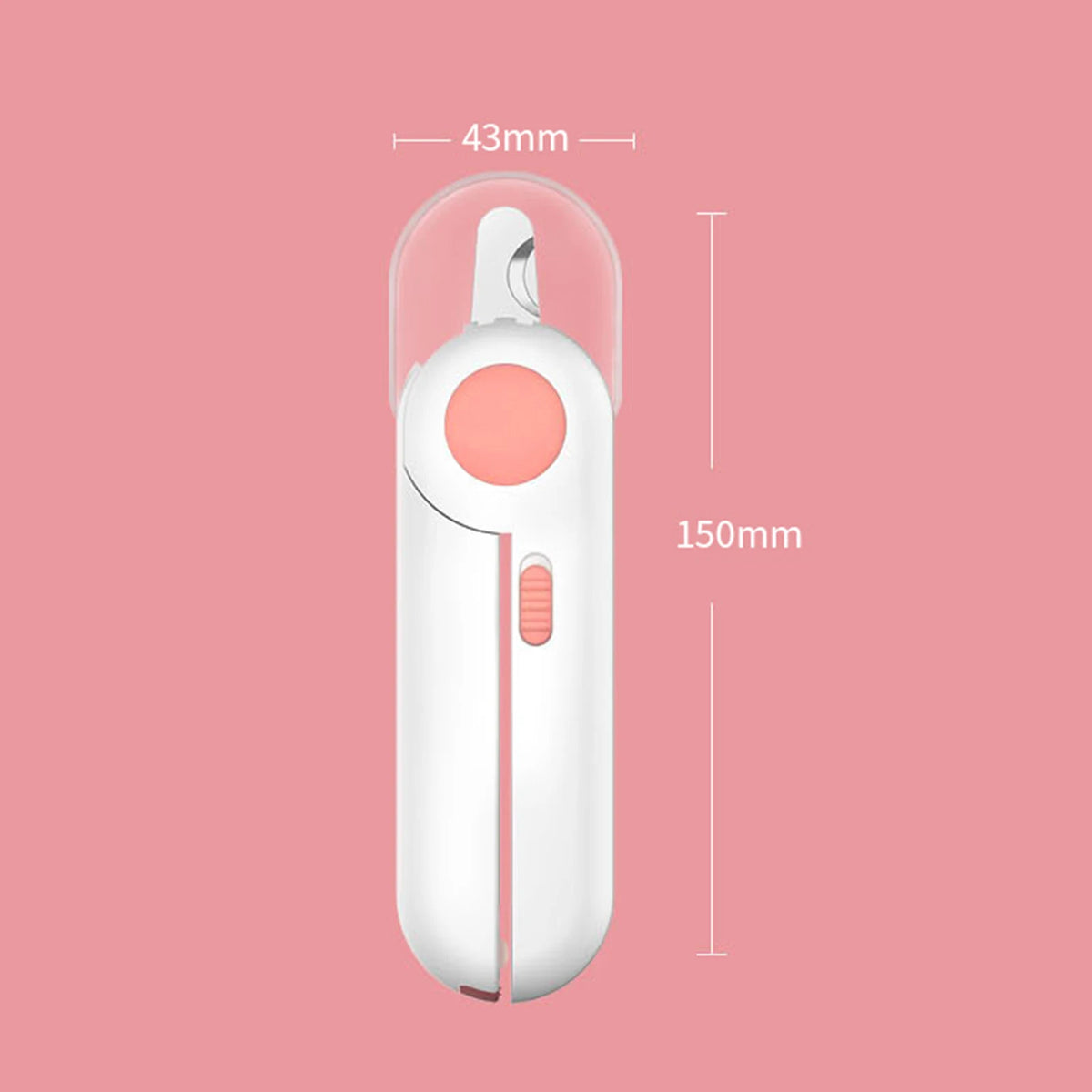 A white LED pet nail clipper for cats and dogs shown in a vertical view with dimensions marked.
