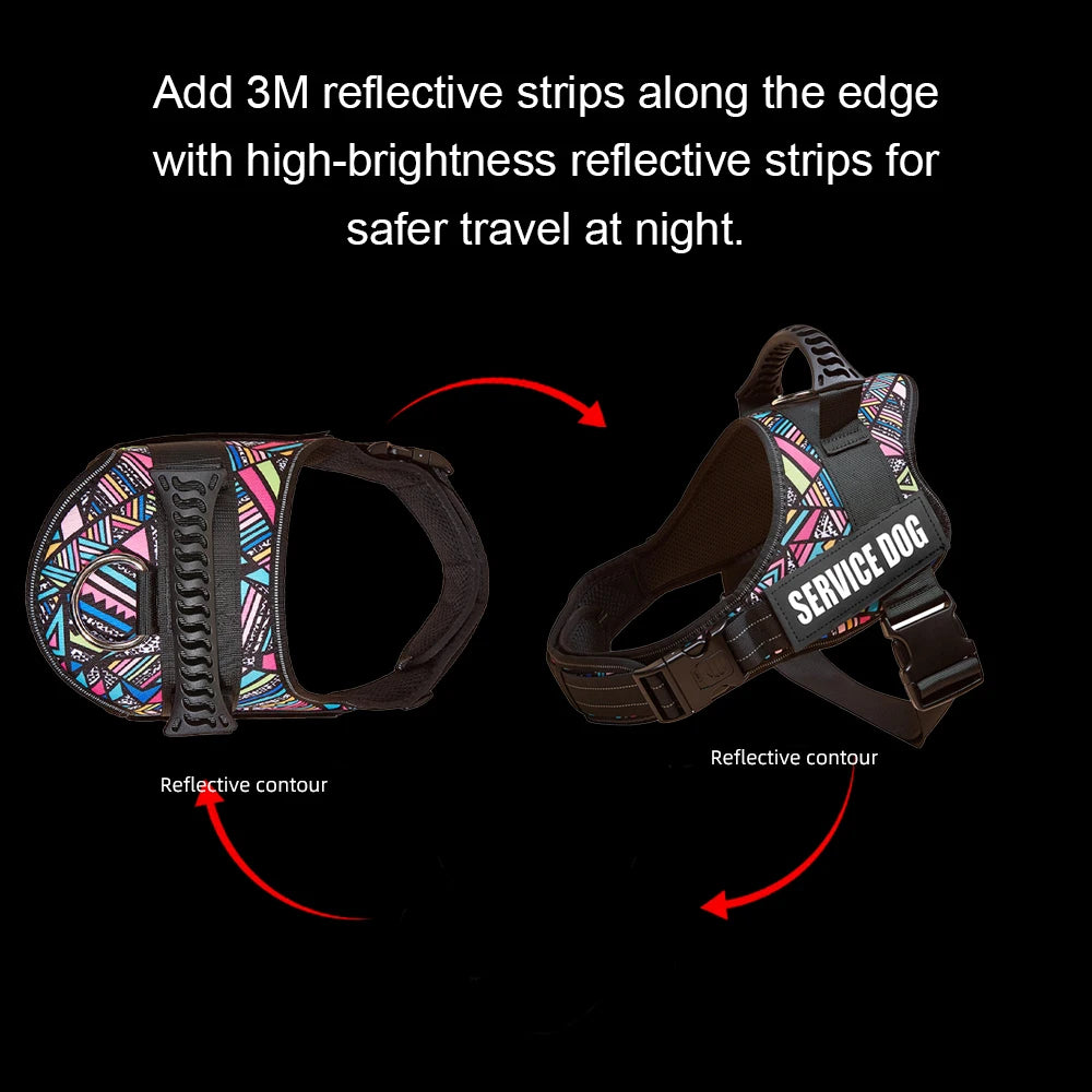 A colorful dog harness vest with reflective strips and a service dog ID tag shown against a black background.