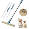 A silver and blue adjustable long-handle pet hair remover tool with multiple filaments and a cleaning pad, shown next to a do