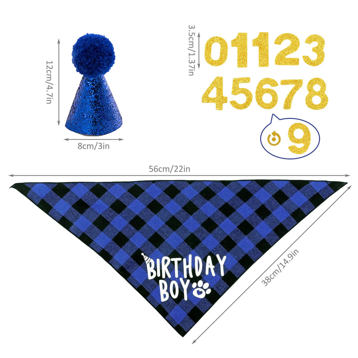 A blue felt party hat, a black and blue checkered bandana, and a gold number 9 for a birthday boy theme.