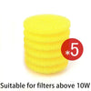 Five yellow foam filters suitable for aquarium filters above 10W
