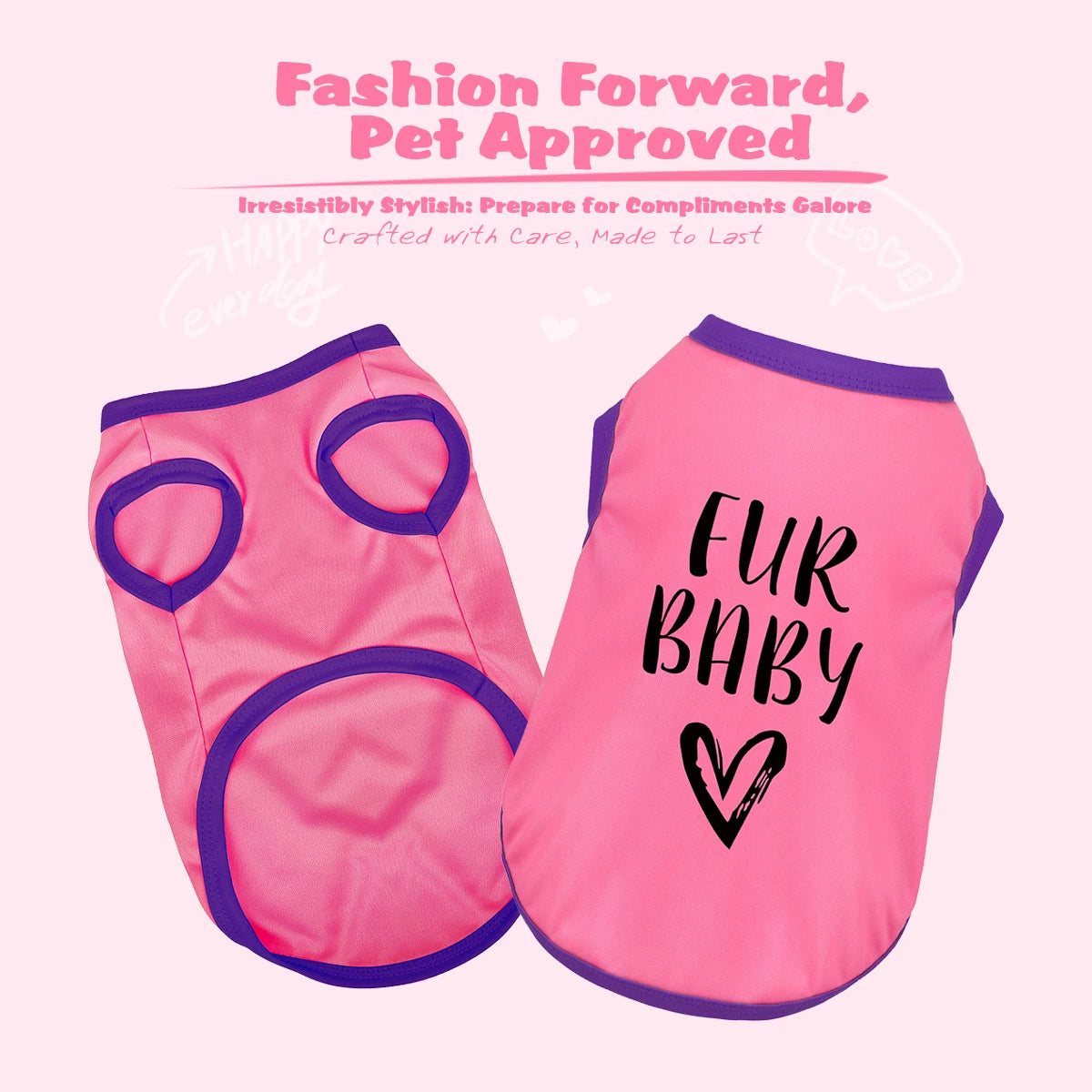 طقم قميص لكلب وردي مع حواف بنفسجية يحمل نص "Fur Baby" وتصميم قلب