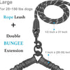 A large rope leash with a double bungee extension for dogs, featuring a 1/2 inch x 31 inch rope and a 1 inch x (20-35 inch) b