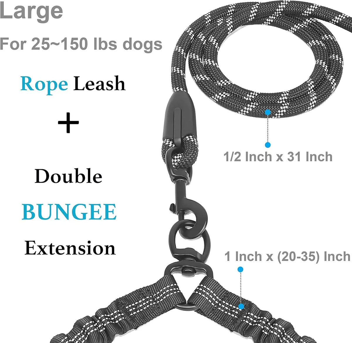 A large rope leash with a double bungee extension for dogs, featuring a 1/2 inch x 31 inch rope and a 1 inch x (20-35 inch) b