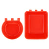A bright red durable hanging plastic bird feeder and water bowl with multiple feeding ports.