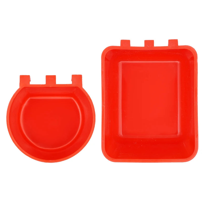 A bright red durable hanging plastic bird feeder and water bowl with multiple feeding ports.