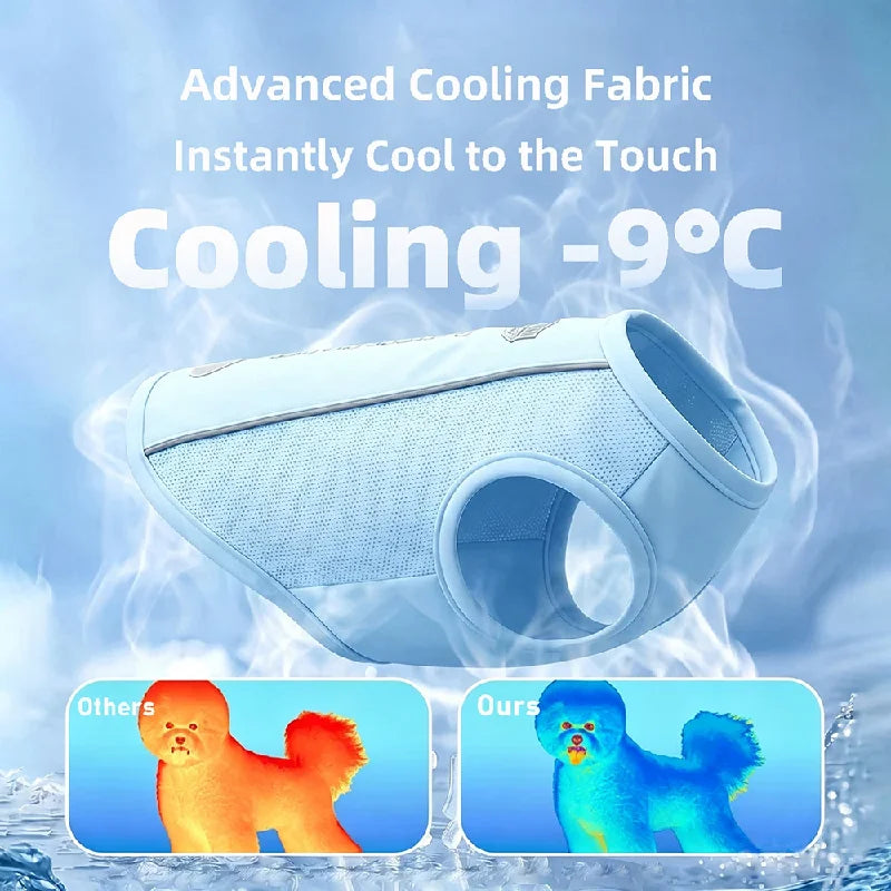 Light blue cooling fabric vest for dogs and cats with a sun protection cap shown against a misty background
