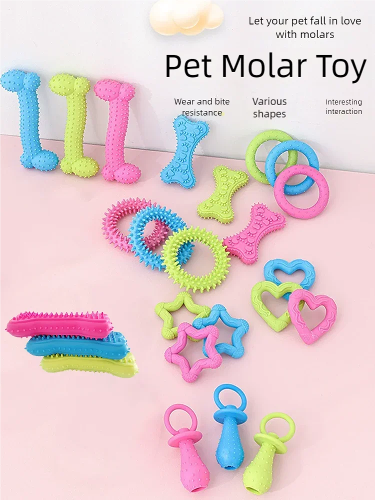 A collection of various pet molar toys in different shapes and colors including silicone and rubber for dogs