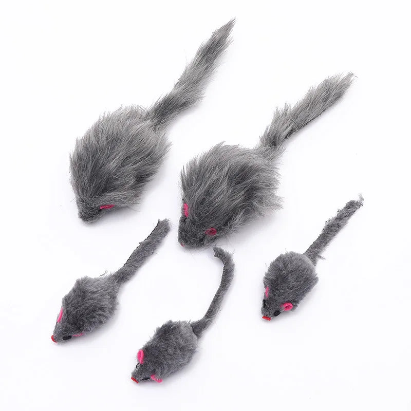 A set of five gray plush simulation mouse cat toys with pink accents.