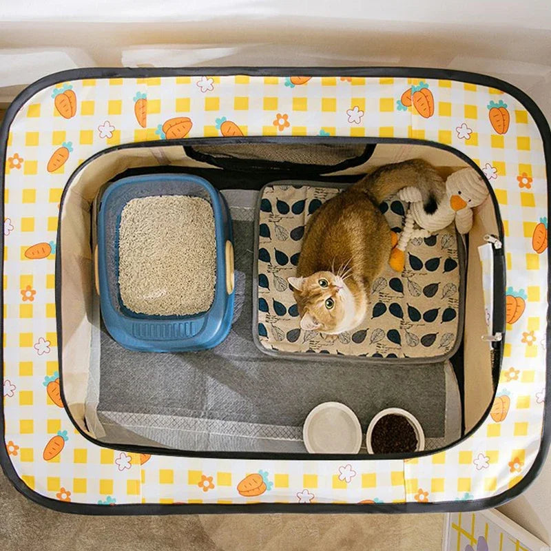 A folding cozy cat tent bed with a blue food bowl and a plush mat containing a cat.