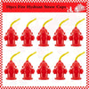 A set of ten red fire hydrant straw cups with yellow straws and lids for parties.