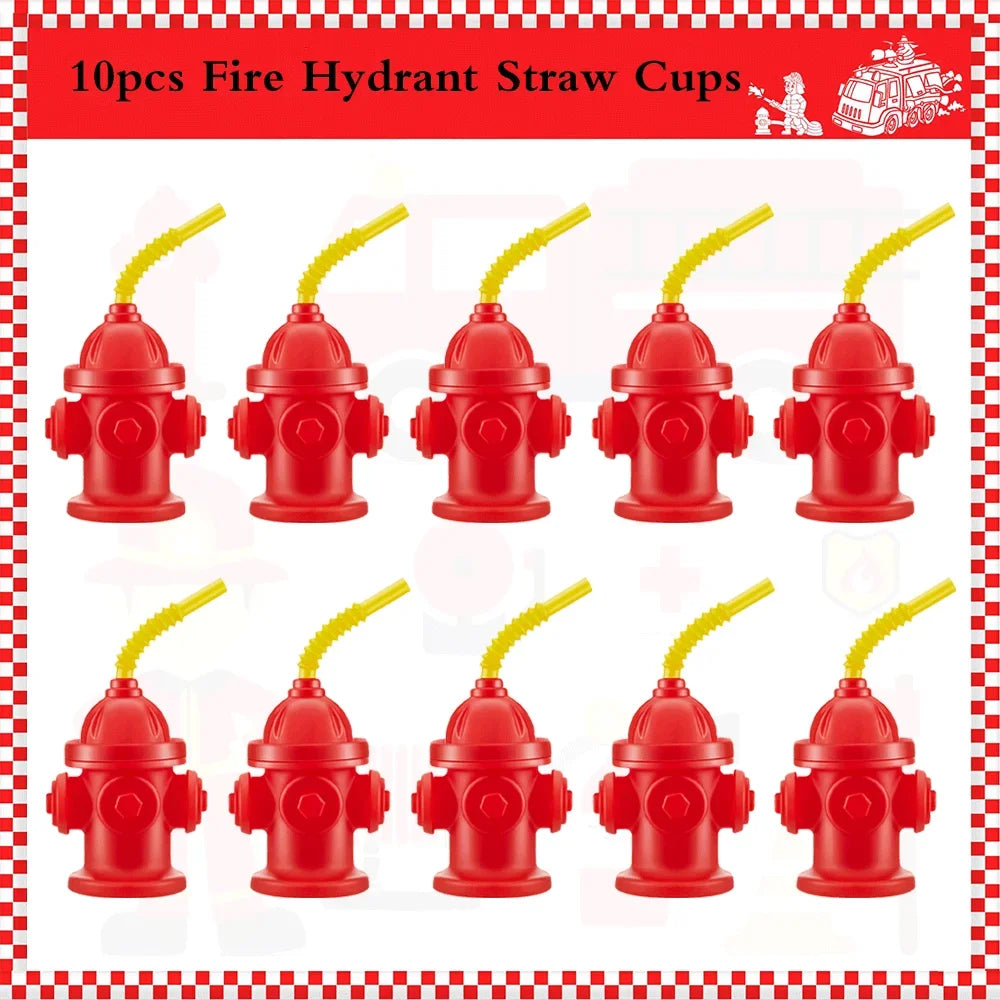 A set of ten red fire hydrant straw cups with yellow straws and lids for parties.