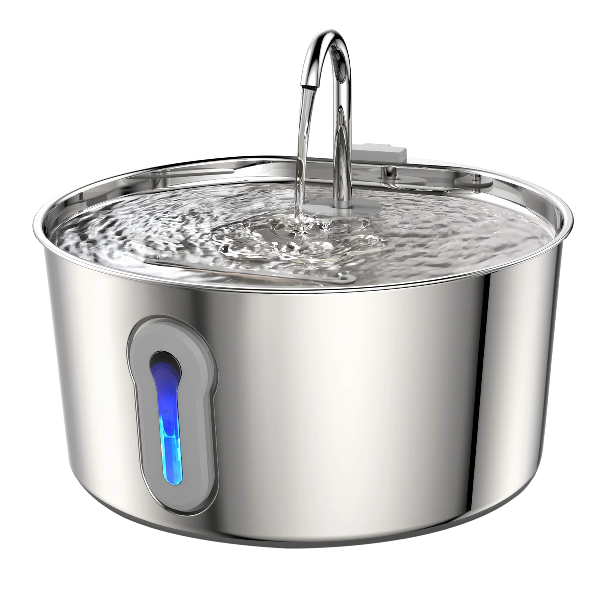 Stainless steel automatic cat water fountain with a visible water flow.