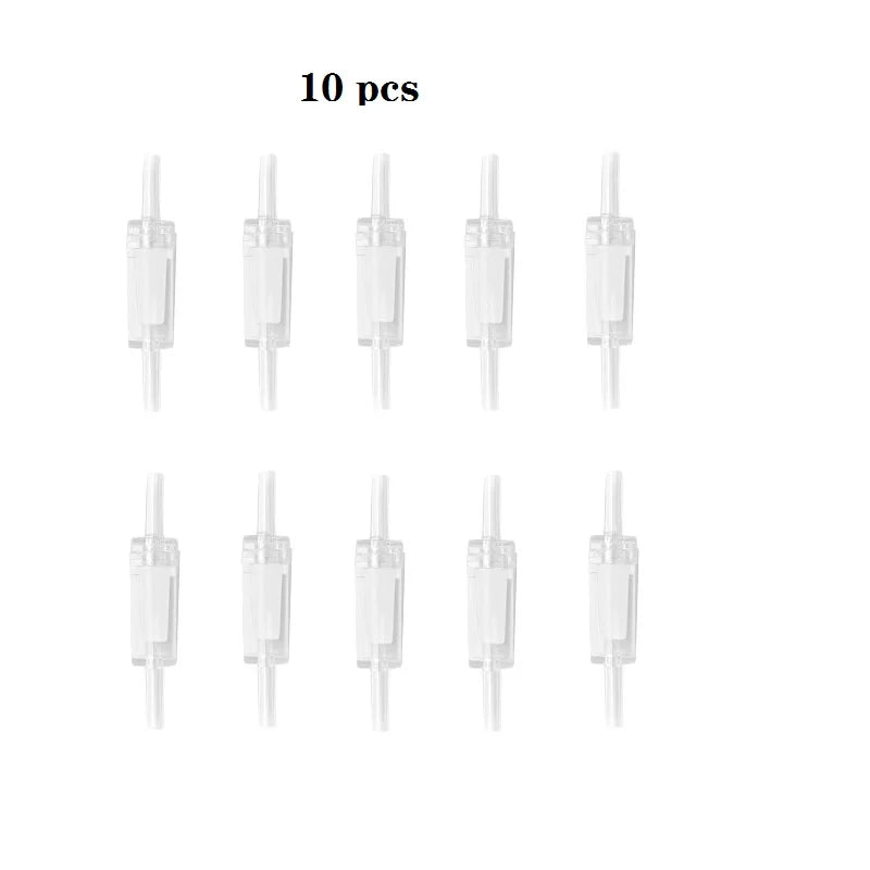 A set of ten clear plastic aquarium air pump check valves.