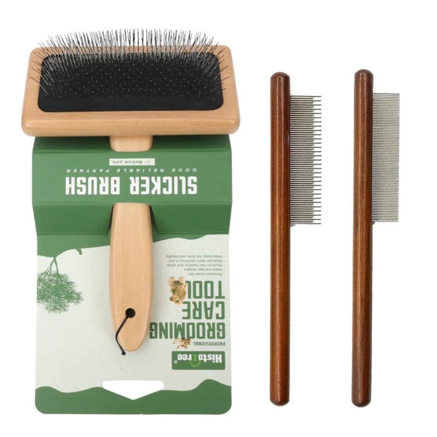 A silicone slicker brush and a stainless steel grooming comb with a wooden handle.