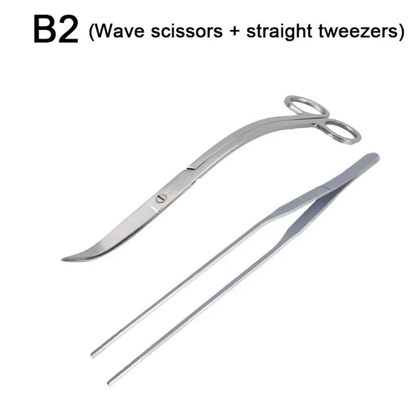 Stainless steel tool set for aquarium plant care including wave scissors and straight tweezers