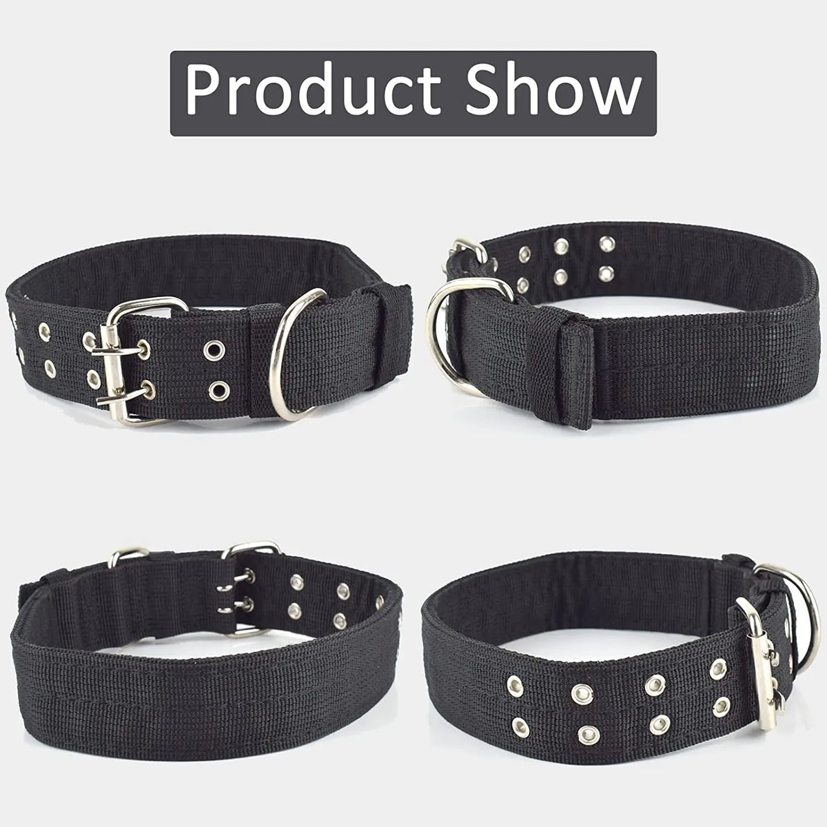 Black heavy duty tactical dog collar for large breeds with an adjustable metal buckle