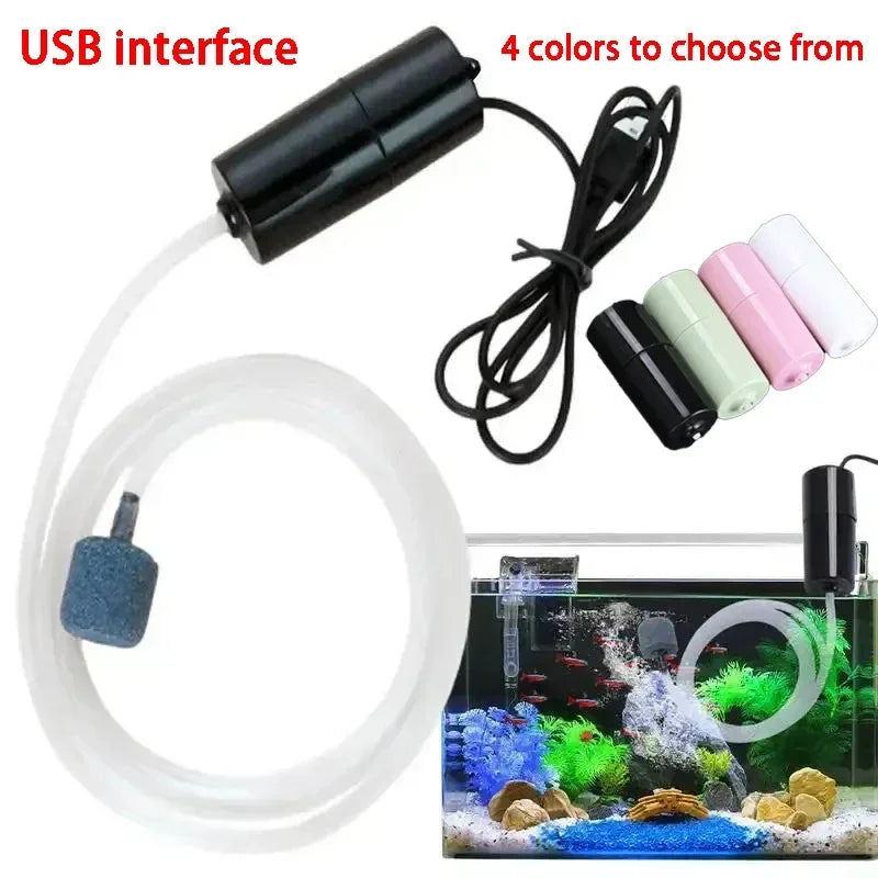 USB interface for an aquarium air pump with four colored tubing options and a silicone air stone.