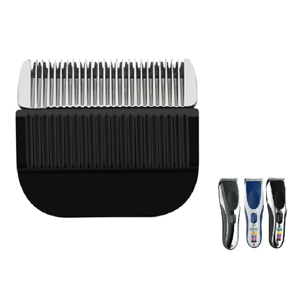 A set of precision replacement blades for Wahl hair clippers, showing the metal blades and a black housing with three colored