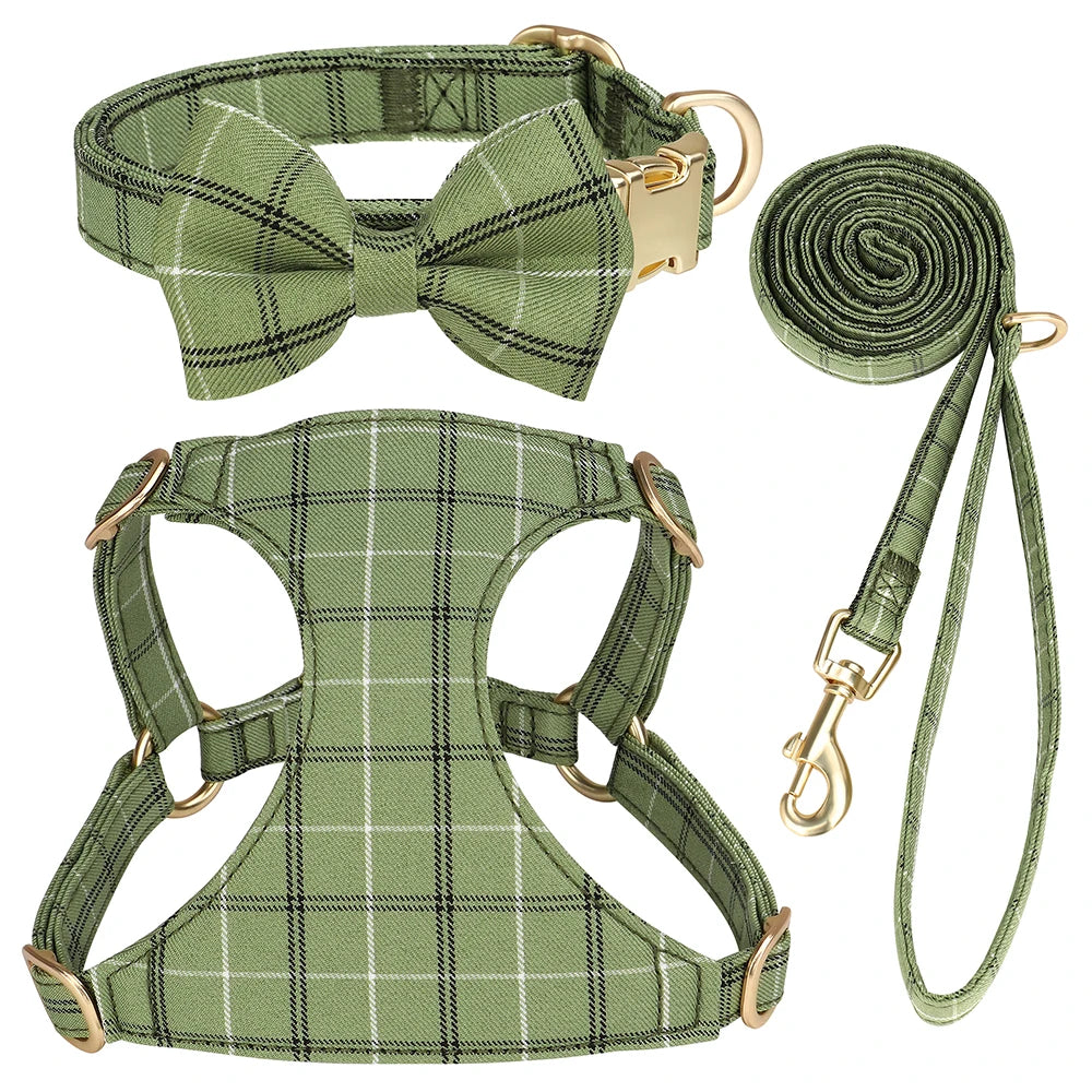 Classic Plaid Dog Collar, Harness & Leash Set with Bowtie