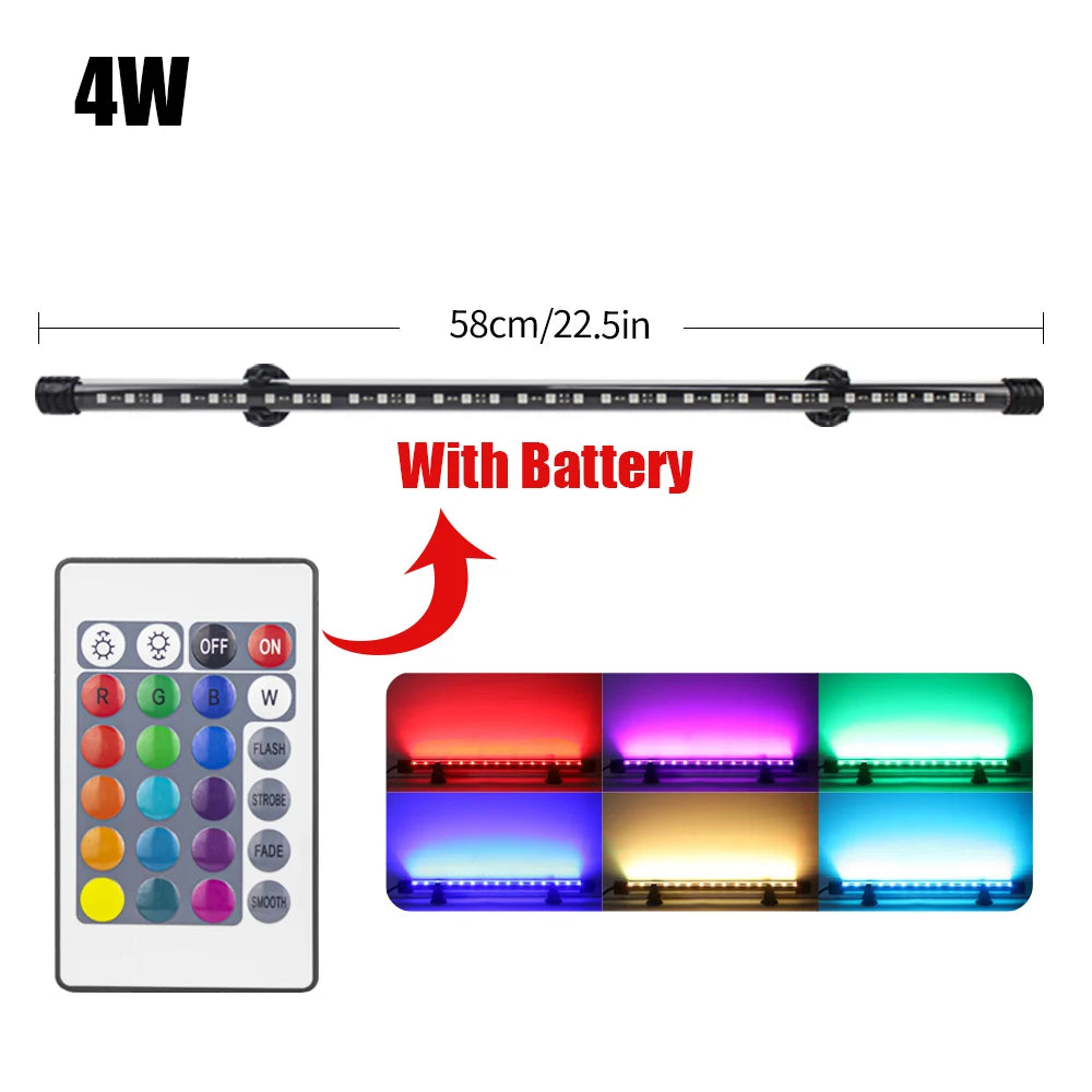 A long, battery-operated RGB LED light bar with various color settings shown alongside a control panel.