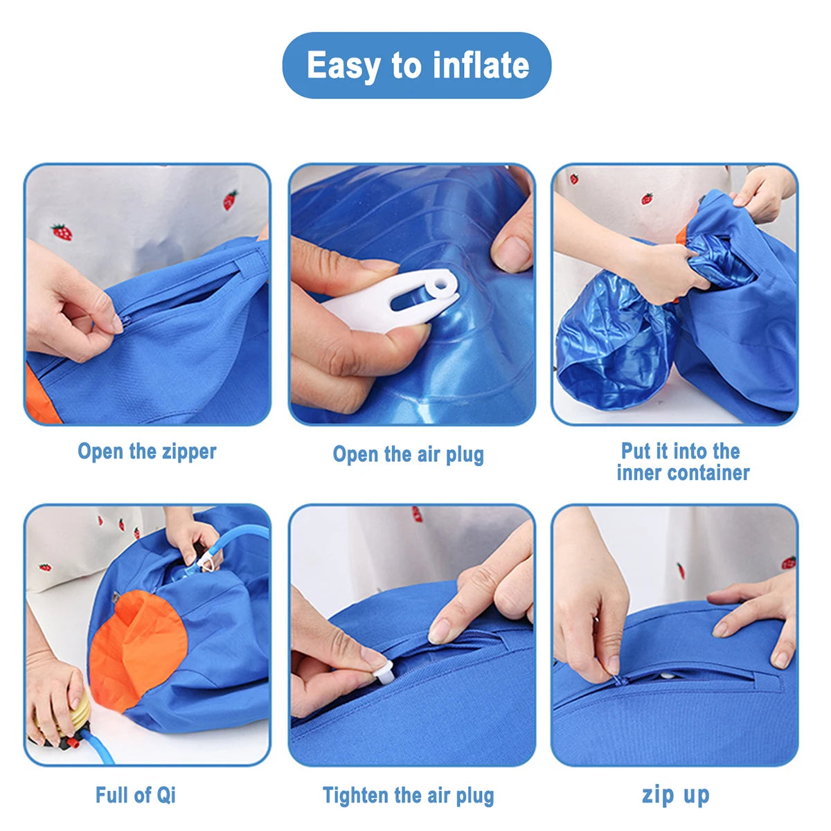 Diagram showing how to inflate and use an inflatable ball for dogs or horses, including opening the zipper, air plug, and zip