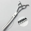 Silver professional pet grooming scissors with serrated blades and a circular view of the cutting edge.