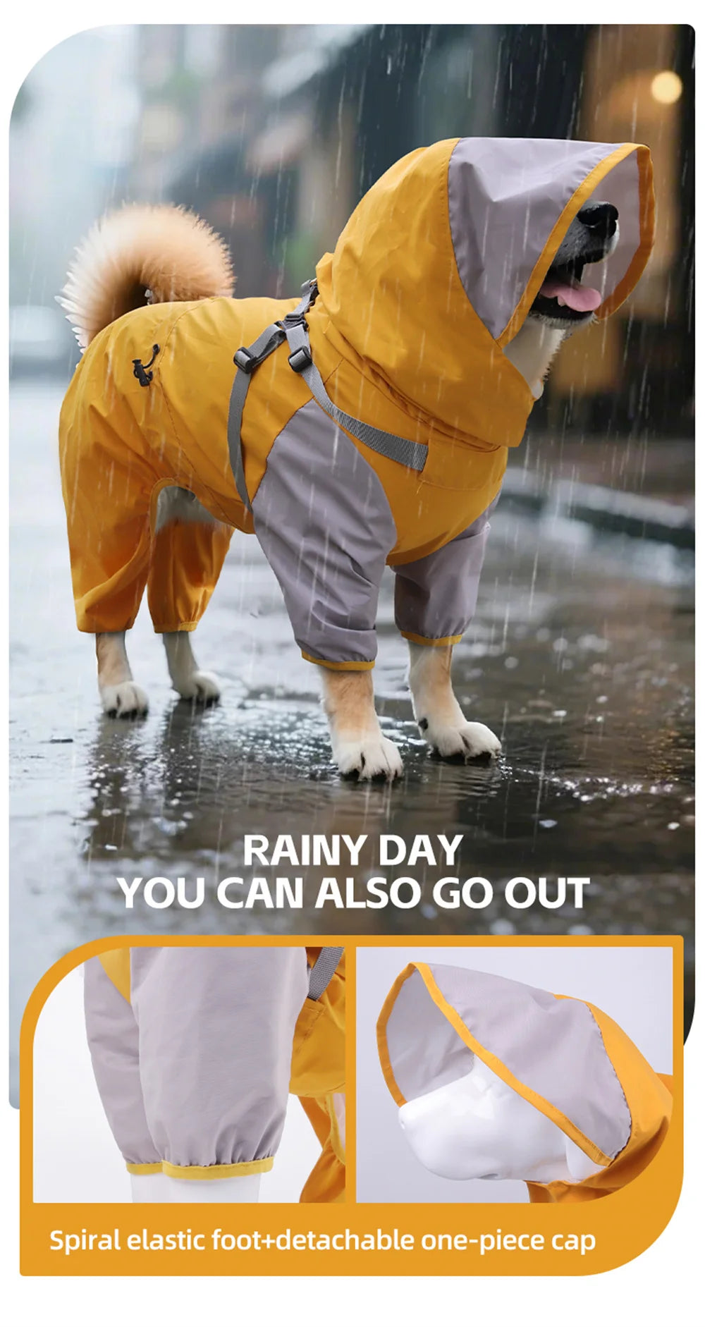 Double-Layer Waterproof Dog Raincoat with Built-in Harness and Detachable Hood