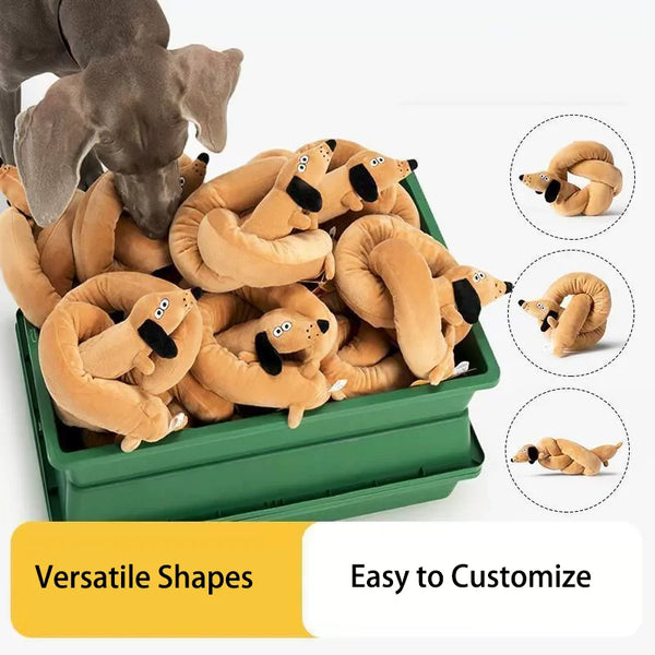 A green box filled with various squishy plush toys shaped like dachshunds for dogs and kids.