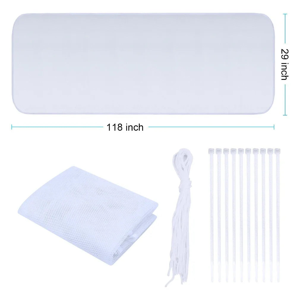 White durable safety mesh for stairs and railings shown as a flat sheet, folded cloth, and individual vertical strips.