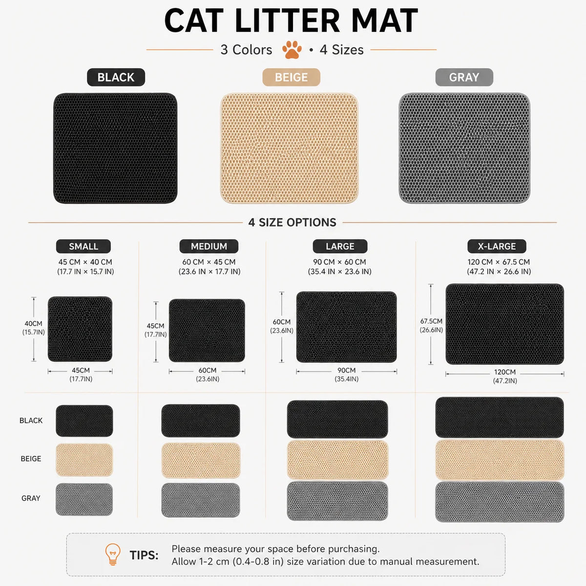 Auswahl an schwarz, beige und grauem Waben-Doppelschicht Katzenstreu-Matten in kleinen, mittleren, großen und extra großen Gr