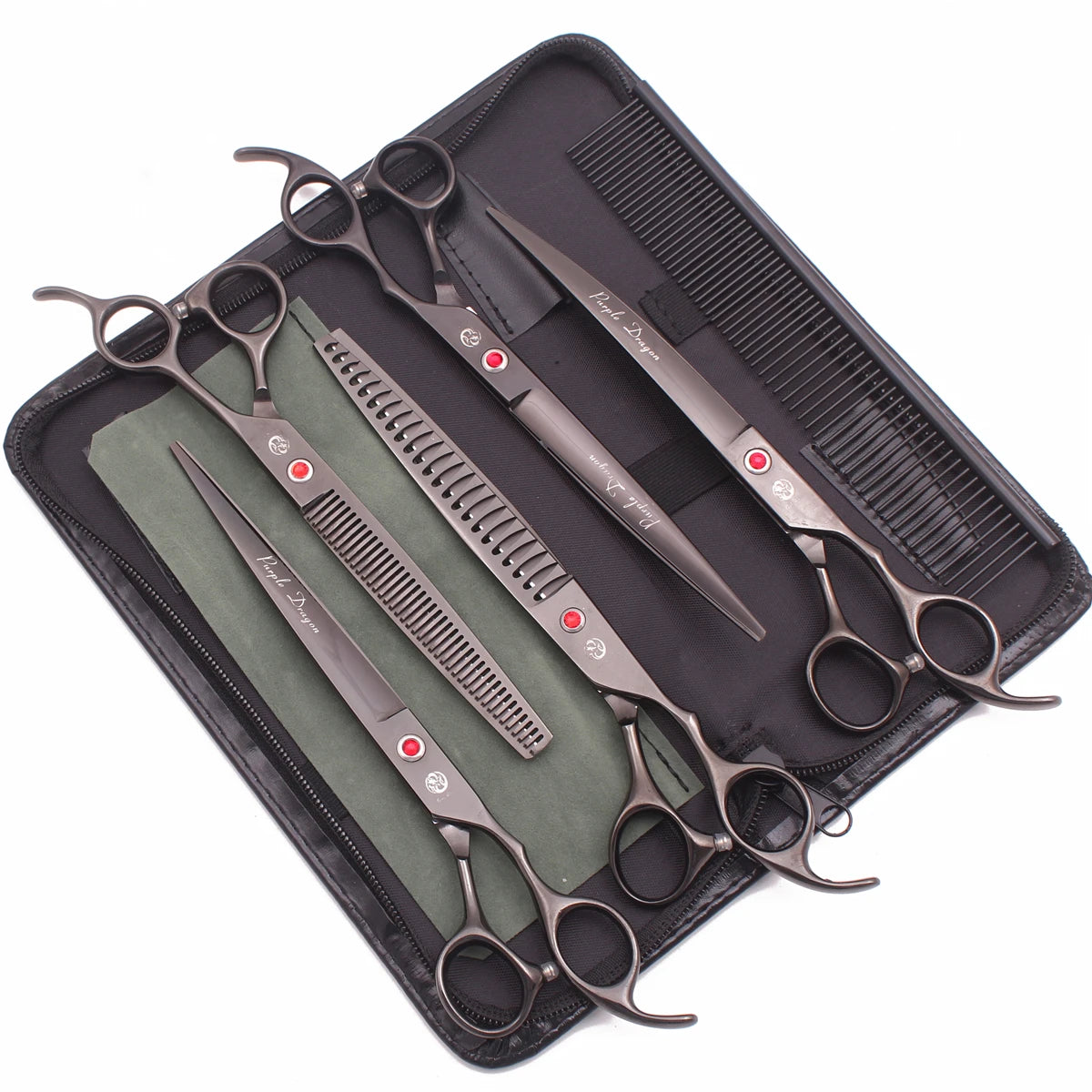 A set of professional stainless steel pet grooming scissors stored in a black zippered case.