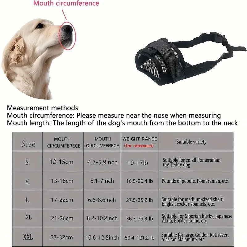 Bozal para perro ajustable y transpirable con varias tallas y opciones de medición para entrenamiento