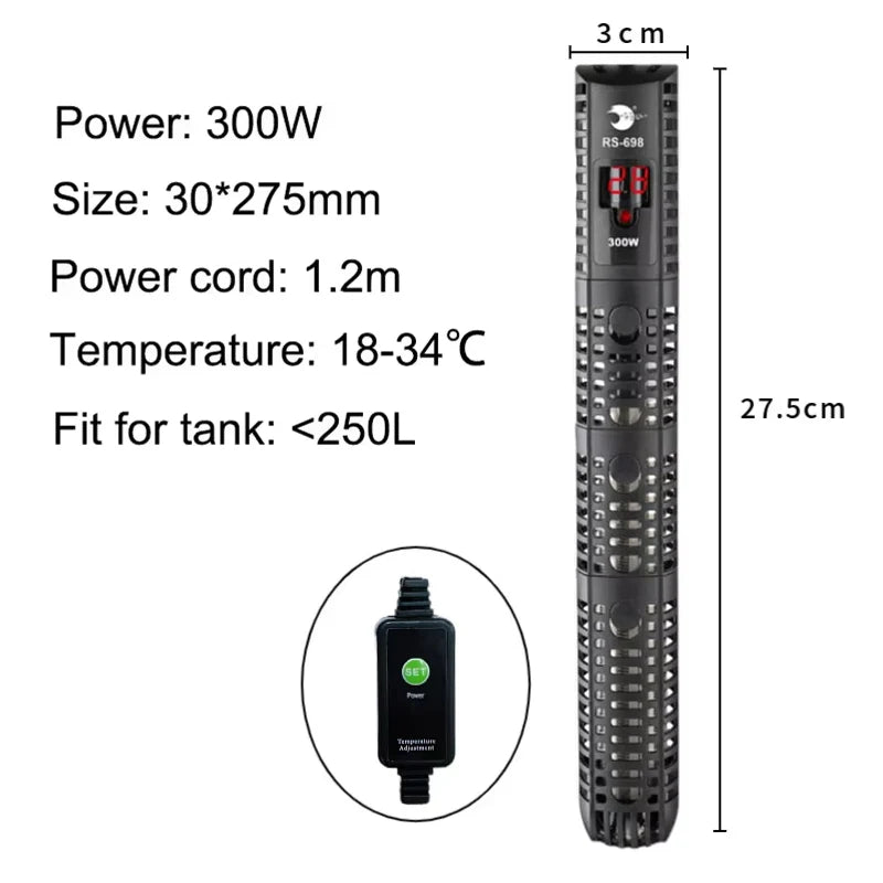 A vertical black aquarium heater with a digital display and power cord is shown next to its specifications.
