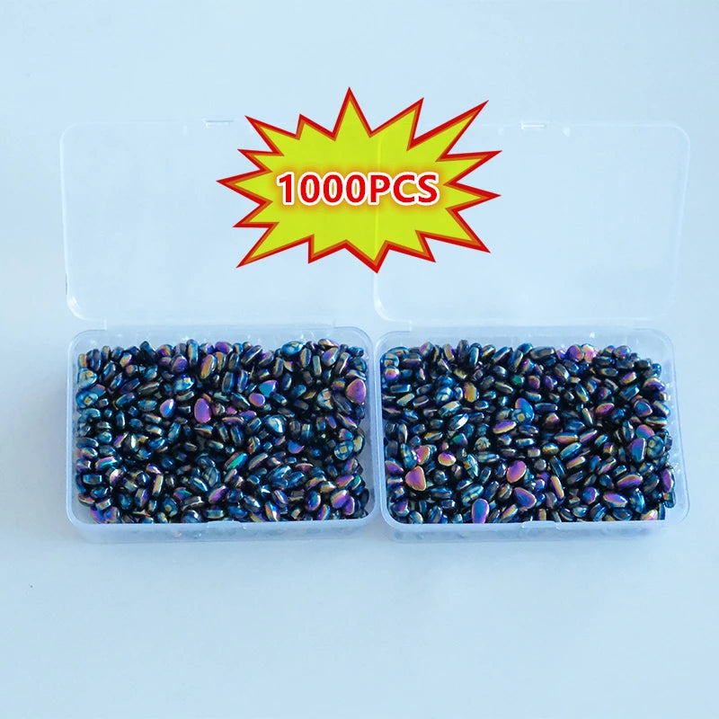 A clear plastic container holds 1000 pieces of colorful, iridescent stone cobblestone for DIY crafts.