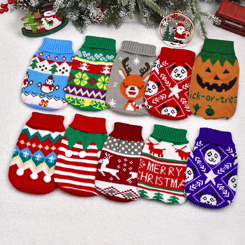 A collection of knitted winter dog sweaters in various patterns and colors displayed on a white background.