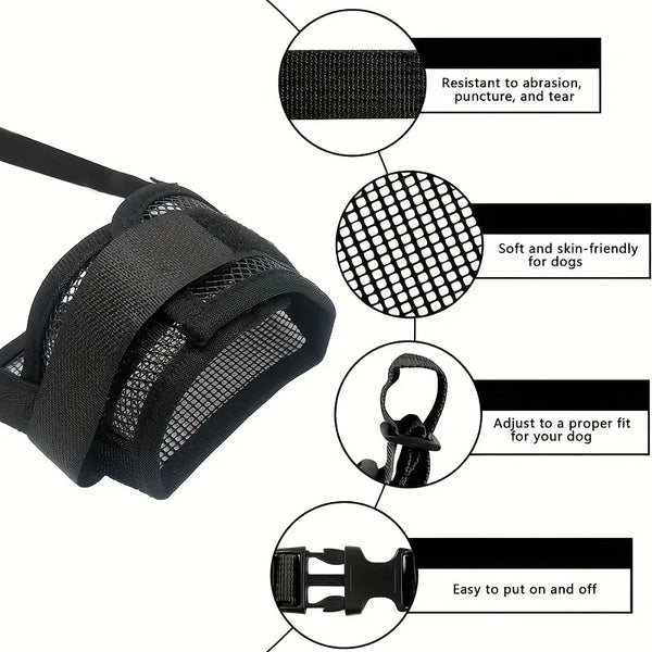 Black breathable dog muzzle with adjustable straps designed to be resistant to abrasion and easy to put on and off.
