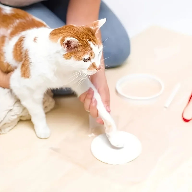 A cat is using a white clay tool to make a paw print keepsake ornament on a light wooden surface.